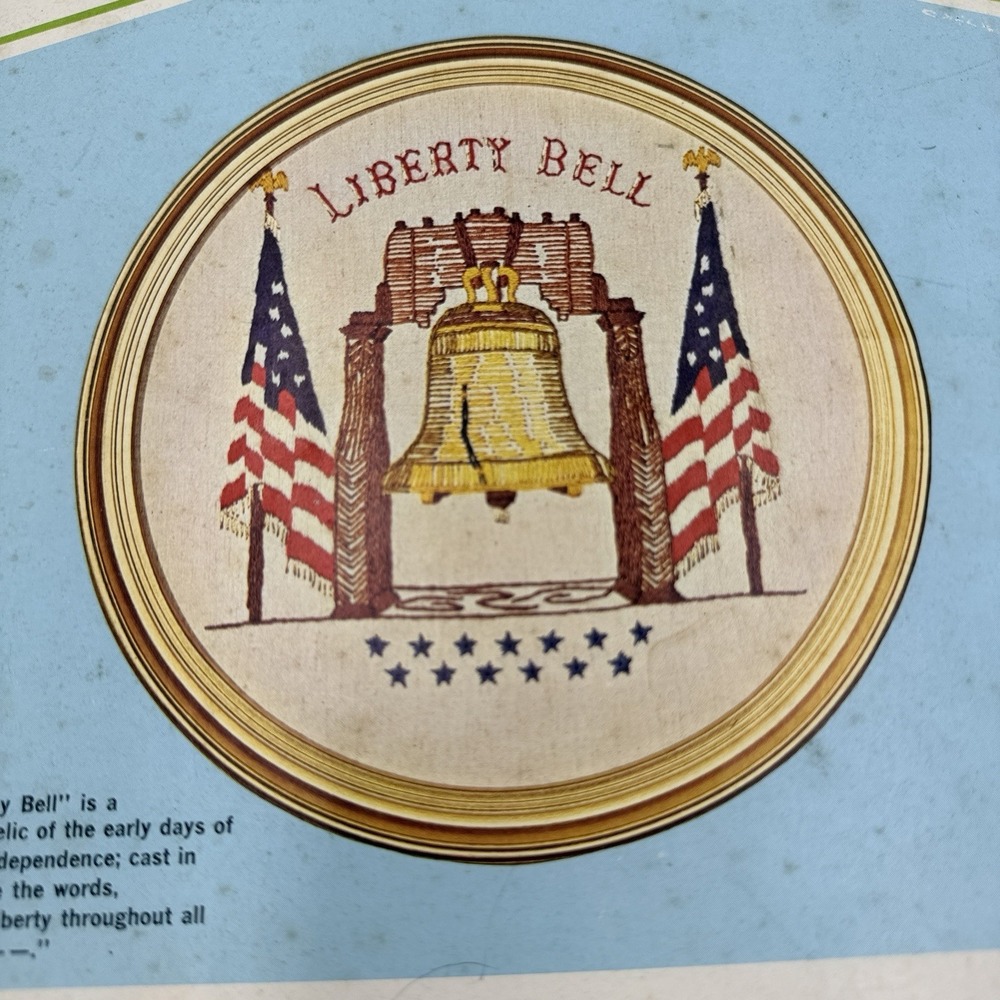 VTG Bucilla Liberty Bell Crewel Embroidery Kit 13" Round Patriotic Americana